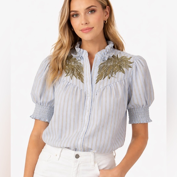 The Shirt by Rochelle Behrens Tops - The Shirt by Rochelle Behrens XS Striped Embroidered Puff Sleeve Ruffle Blouse